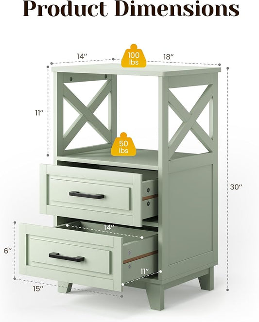May in Color Nightstand Set of 2, 30" Tall Side Table with 2 Drawers and Open Shelf, Bedside Table with Solid Feet, Modern Night Stand End Table for Bedroom, Home Office, Green