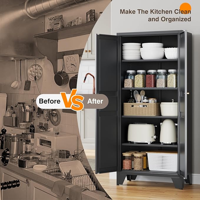 Yizosh Metal Pantry Cabinet,Tall Kitchen Pantry Storage Cabinet with Doors and Adjustable Shelves - 61" Black Cupboard Cabinet for Kitchen, Living Room,Dining Room,Home