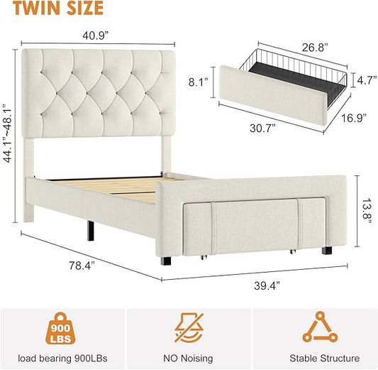 GarveeHome Twin Size Bed Frame, Upholstered Platform Bed Frame with Storage Drawers, Mattress Foundation with Solid Wooden Slats Support, No Box Spring Needed, Beige