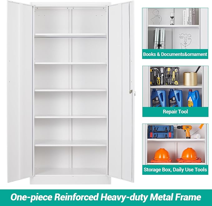 Wide & Deep Metal Storage Cabinet with 2 Doors and 5 Adjustable Shelves,White Locking Metal Cabinet,Large Garage Storage Cabinets,Lockable Tall Pantry Cabinets for Home,Office,Garage,Shop 72x36x18