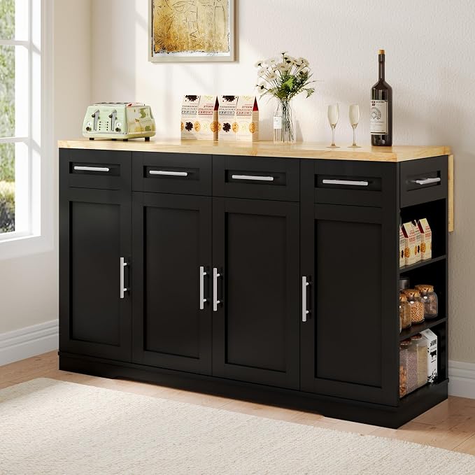 Dripex 53'' Rolling Kitchen Island with Power Outlet, Drop Leaf & Trash Can Storage, Large Island Cart on Wheels with Rubberwood Top, 4 Drawers, Open Shelves, for Kitchen, Dining Room (Black)