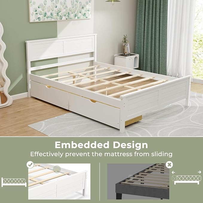 Giantex Wood Full Size Bed Frame with 2 Storage Drawers, Solid Wood Platform Bed with Headboard, Wooden Slats Mattress Foundation, No Spring Needed, Full Bed Frame for Kids, Teens, Adults, White