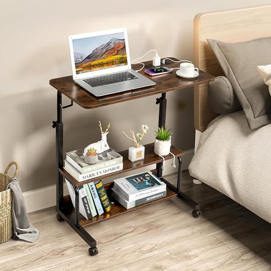 Karl home 31.5" Portable Rolling Desk on Wheels,Height Adjustable Standing Desk with 2 AC Outlets/3 USB Ports,Mobile Laptop Table with Hooks and Storage Shelves for Home Office,Rustic Brown