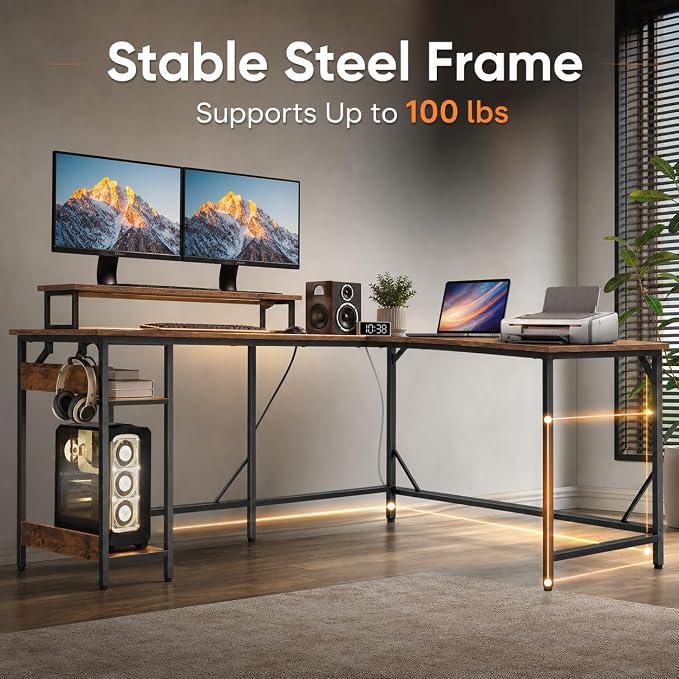 DEVAISE Spacious 55" L Shaped Gaming Desk with LED Lights and Power Outlets - Reversible Corner Computer Table with Monitor Stand and Storage Shelves for Work and Gaming, Rustic Brown