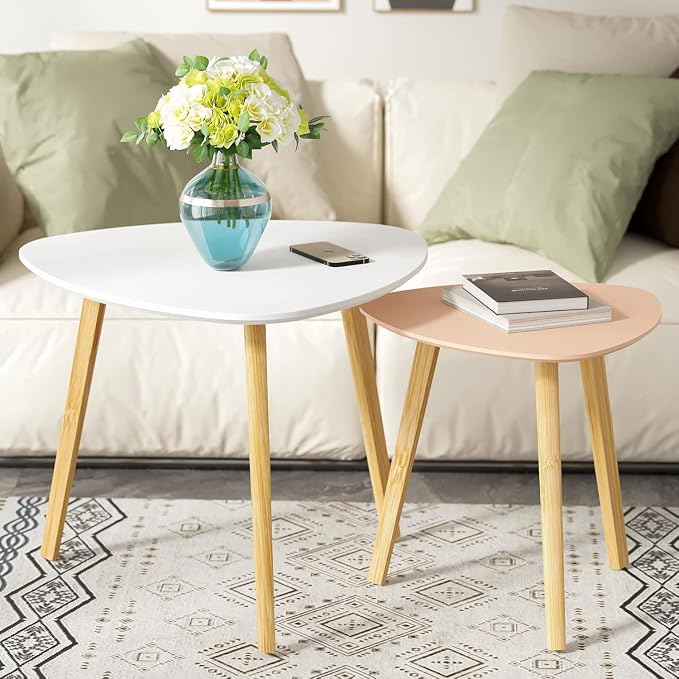 BAMEOS Bamboo Nesting Triangle End Table,Set of 2 SideTable Modern Minimalist Coffee Table for Living Room (White & Pink)