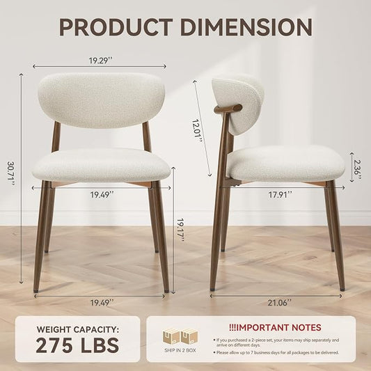 MALOL Dining Chairs Set of 2, Curved Back Kitchen Room Chairs with Metal Legs and Anti Slip Pads, Upholstered Dining Chair for Home and Restaurant, Beige