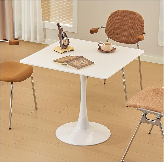 Square Dining Table, 31.5" Tulip Table with Thickened Tabletop & Metal Pedestal, Mid Century Modern Bistro Table for Kitchen, Small Places, Living Room, Cafe (White)