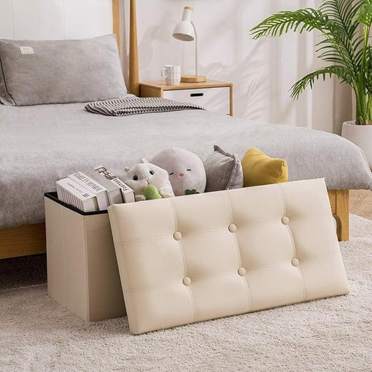 YOUDENOVA Folding Storage Ottoman, Faux Leather Ottoman Bench Footrest Ottoman, Storage Chest Padded Seat for Bedroom and Living Room, Beige,15" D x 30" W x 15" H