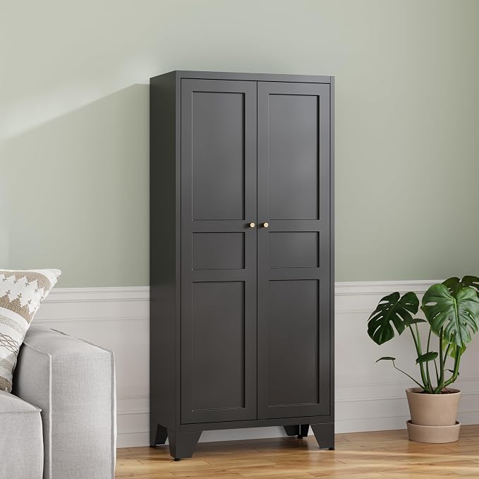 RAVIGIN Metal Storage Cabinet,61" H Pantry Cabinet with 2 Doors and 4 Adjustable Shelves,5 Tier Tall Kitchen Storage Cabinets for Kitchen,Pantry,Living/Study/Laundry Room(Black)