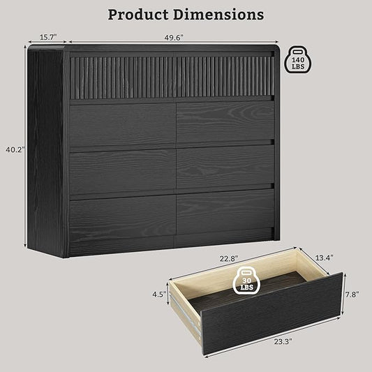 LYNSOM 8 Drawer Dresser for Bedroom, 50" Wide Fluted Dresser with Curved Corners, Wood Dressers & Chests of Drawers with Dual-Panel Design for Bedroom, Entryway, Black
