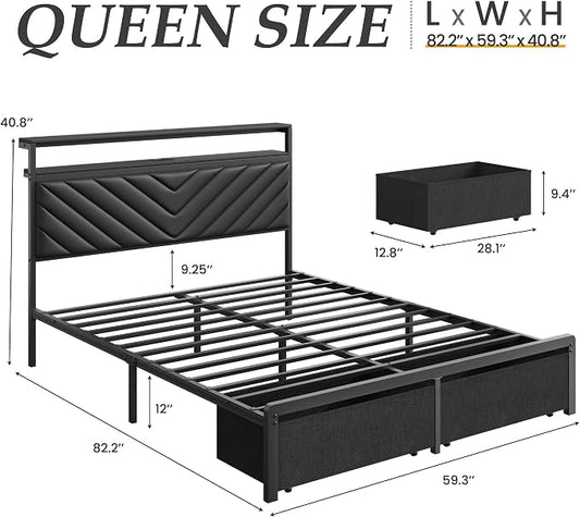 Fluest Queen Bed Frame with 2 Drawers, Upholstered Headboard with Storage and Charging Station, LED Lights, Fabric Drawers with Wheels, Under Bed Storage, No Box Spring Needed, Easy Assembly, Black