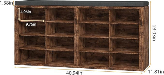 Shoe Rack Bench, Shoe Storage Bench with Cushion, Shoe Organizer 16 Cubbies for Entryway Hallway Bedroom Living Room, Holds Up to 400lbs