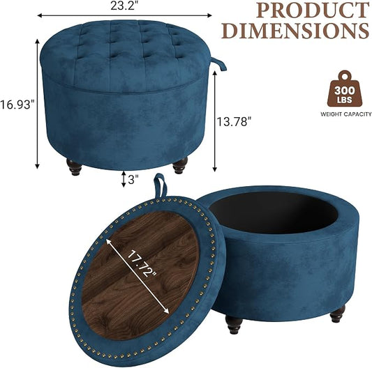 24 Inch Round Storage Ottoman,Modern Tufted Ottomans,Circular Coffee Table with Removable Top,Upholstered Large Ottoman with Storage Footrest Stool for Bedroom Living Room (Blue)