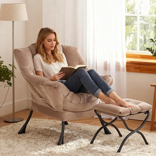 Lazy Chair with Ottoman, Modern Accent Chair Contemporary Sofa Chair with Armrests, Reading Chair and Folding Footstool Set for Living Room, Bedroom, Office, Khaki