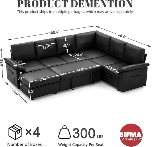 108 Inch Faux Leather Modular Sectional Sofa with Pull Out Bed,U Shaped 7 Seat Sectional Sleeper Sofa with Storage,Sectional Couches for Living Room,Cloud Modular Couch,Black Leather