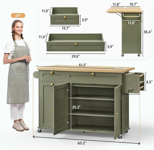 ONBRILL 60" Kitchen Island with Power Outlet & Drop Leaf, Rolling Island with Spice Rack & Towel Rack, Kitchen Island Cart with Trash Storage Cabinet, Island Table for Kitchen, Green