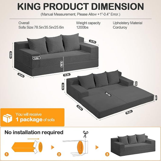Erament 3 Seater Boneless Couch Sofa Bed, 78'' Corduroy Oversized Loveseat Folding Sofas Bed, Compression Convertible Futon Floor Couch Sofa Beds with 3 Pillows for Living Room Bedroom Apartment