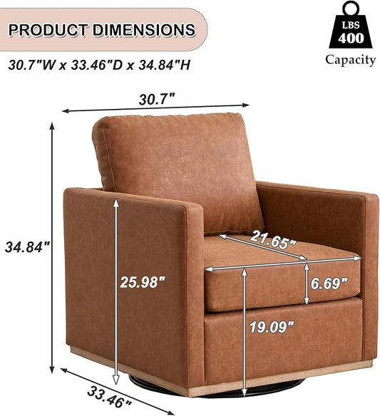 Swivel Accent Chair, 360 Degree Square Swivel Chair for Living Room, Mid Century Modern Upholstered Barrel Chair,Comfy Sofa Armchairs for Bedroom,Nursery,PU Leather, Brown