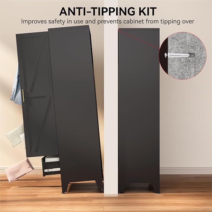 COFaR Modern Black Metal Wardrobe Closet, 71" Tall Steel Armoire with Drawer, Hanging Rod & Adjustable Shelf, 2-Door Freestanding Storage Cabinet for Bedroom, Closet Organization (Black)