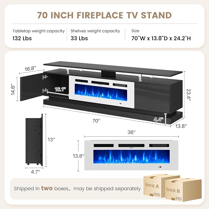 70" Fireplace TV Stand, Modern Entertainment Center for TVs Up to 80”, TV Console with Storage Cabinets, Media Console for Living Room,Black TV Stand and White Fireplace