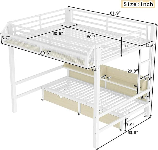 Bellemave Bunk Bed Queen Over Queen,Metal Bunk beds with Storage Shelves and Drawers USB Ports and LED Lights, Lower Bed That can be Converted into a Sofa, White