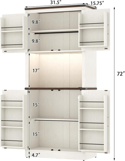 72" Tall Farmhouse Kitchen Pantry Cabinet with LED Light and Power Outlet,Modern Farmhouse Kitchen Storage Cabinet w Load-Bearing Steel Pipe,Barn Doors, Organizer,Food Pantry Cabinets(2PC White)