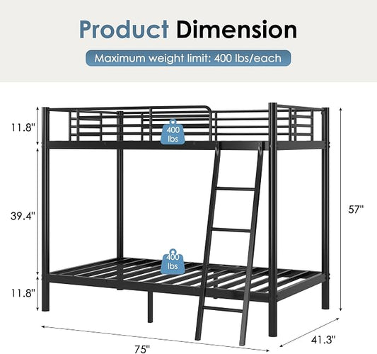 Bunk Bed Twin Over Twin, Heavy Duty Metal Bunk Bed with Ladder, More Stable and Safe for Teens, Students or Roommates, Space Saving for Apartment, Dorm or Small Room, Easy Assembly, Black