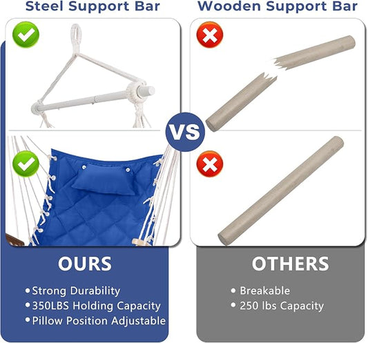 Hammock Chair Hanging Swing with Wooden Armrest;Steel Spreader Bar,Pillows,Hardware kit Included;Cotton Woven;Up to 350 Lbs,for Indoor Outdoor Blue