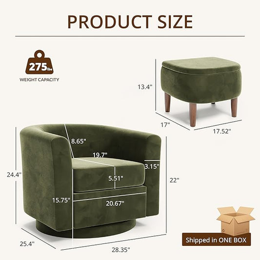 Swivel Accent Chair with Storage Ottoman Set of 2, Modern Velvet Barrel Chair, Upholstered Armchair with Footrest for Living Room/Reading/Bedroom, 25.4'' D x 28.35'' W x 24.4'' H, Green