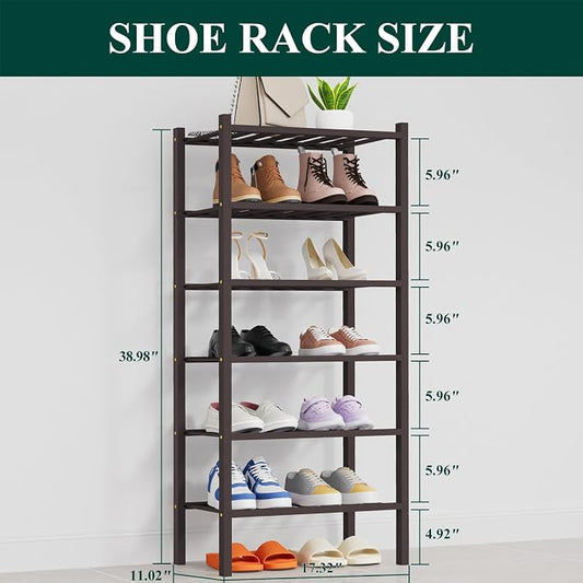 Smiry Small Bamboo Shoe Rack, 6 Tier Free Standing Wooden Shoe Organizer, Stackable Wood Shoe Storage Shelf for Closet, Entryway, 14 Vertical Slats, 2+2+2 Stack Thicker Legs, 17.3"x11"x39", Brown