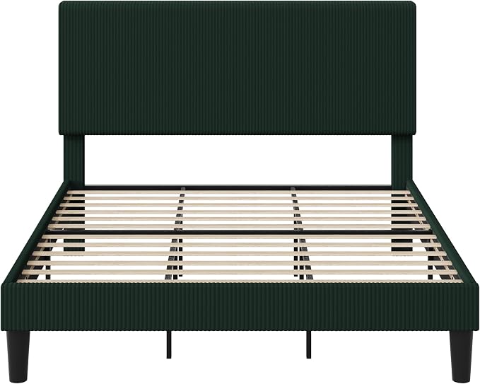 Allewie King Size Upholstered Bed Frame with Vertical Channel Tufted Headboard, Soft Corduroy Fabric Platform Bed, Strong Wooden Slats Support, Easy Assembly, No Box Spring Needed, Dark Green