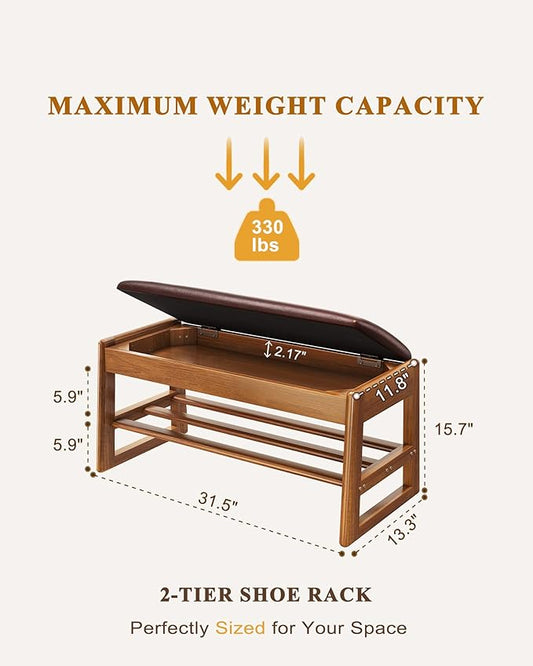 IUNVR Shoe Rack Bench with Hidden Storage, 2-TierSolid Rubberwood Entryway Bench with SoftLeather Cushioned Seat & Flip-Top Storage,330lbs Capacity, Wooden Shoe Organizer forHallway, Closet, Foyer