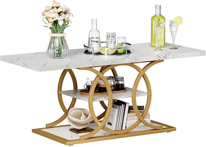 GiftGo Rustic Coffee Table with Storage Modern 3 Tier Center Living Room Table Faux Marble Wooden Rectangle Cocktail Tea Table for Office Bedroom Elegant Full Moon Design (White Gold, L-47)