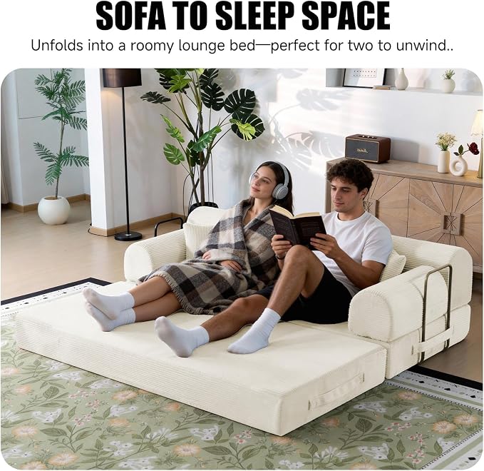 78.8" Boneless Memory Foam Couch, Corduroy Convertible Floor Sofa Bed, Fold-Out Sleeper Futon Loveseat, Wide Armrests & Supportive Back, 1200 lb, Couch in a Box, 2 Pillows,White