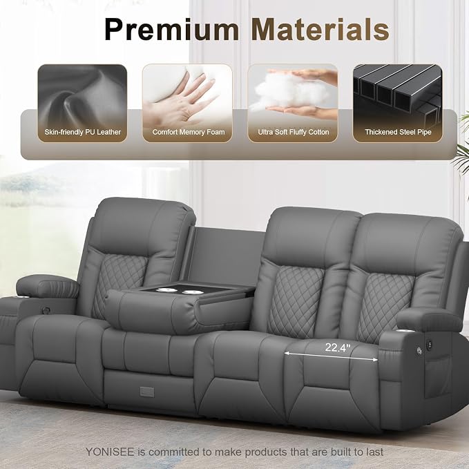 YONISEE 4 Seat Recliner Sofa with Flip Backrest Design, Loveseat Reclining Sofa with Storage Drawer, USB Ports, 2 Cell Phone Holder, Loveseat Recliner Couch for Living Room (Dark Gray)