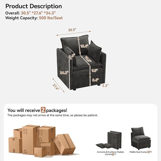 30" Cloud Modular Single Sofa Chair with Storage, Modern Upholstered Accent Chair Deep Seat, Chenille Reading Lounge Armchair for Living Room, Bedroom, Small Space, Dark Grey