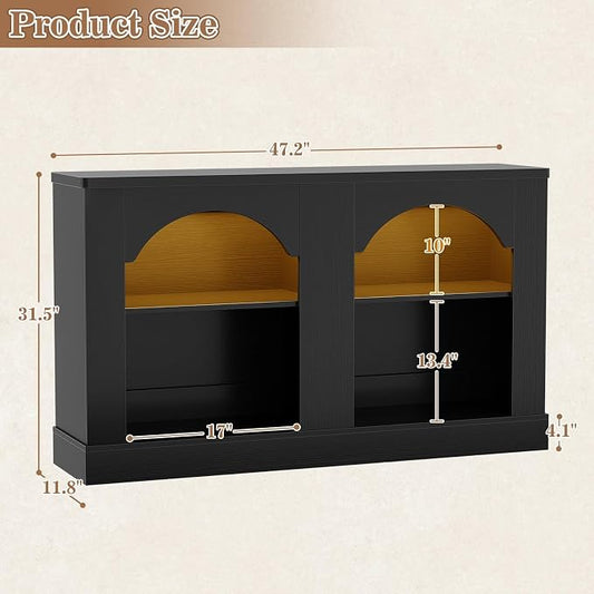 Unikito Entryway Table with LED Lights, 47" Farmhouse Console Table with Adjustable Shelves, Sofa Table Behind Couch, Sideboard Buffet Storage Cabinet for Entrance/Hallway/Living Room,Black