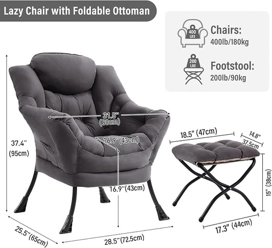 Furlide Lazy Chair with Ottoman, Modern Chair with Folding Footrest, Dark Grey Accent Chair, Comfortable Reading Chair, Oversized Armchairs for Bedroom, Study, Living Room, Courtyard
