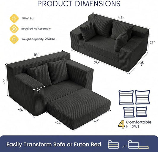 cidludto Boneless Couch Loveseat Sleeper, Convertible Sofa Bed Folding Couch Bed Foldable, 2 in 1 Boneless Chair Bed & Futon Sofa Bed, Small Pull Out Sofa with 4 Pillows for Living Room, Black