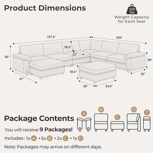 SITJOY Large Cloud Couch, 138" Wide 6 Seater V Shape, Faux Leather in White | Pet-Friendly Scratch-Resistant Leather Sectional Sofas for Living Room, Deep Seat Wide Couch with Chaise, Storage Ottoman