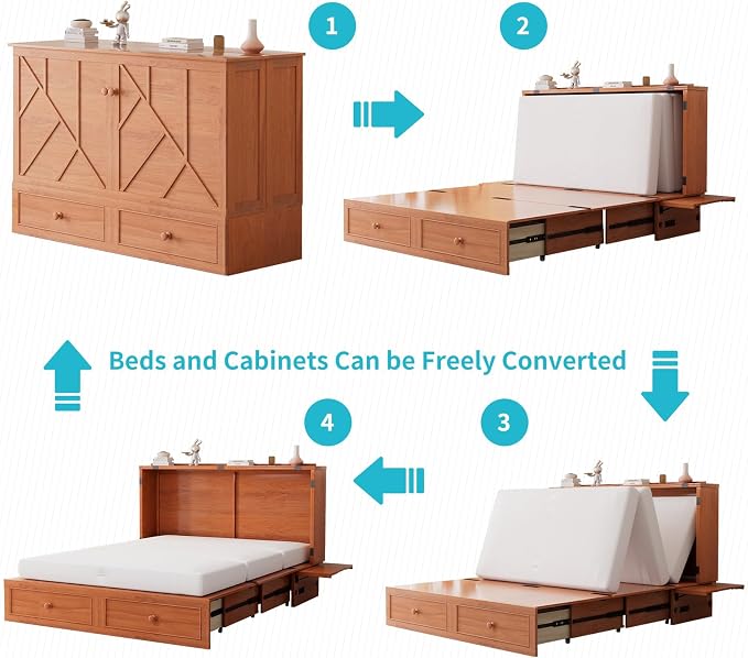 CECER Cherry Murphy Bed Cabinet with Mattress, Space-Saving Folding Bed