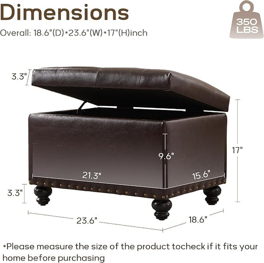 Zihanhome Leather Ottoman with Storage, Upholstered Button Tufted Ottoman Foot Rest, Foot Stools, 24" Rectangle Ottomans with Storage for Living Room, Bedroom, Dorms and Apartments (Brown-PU)
