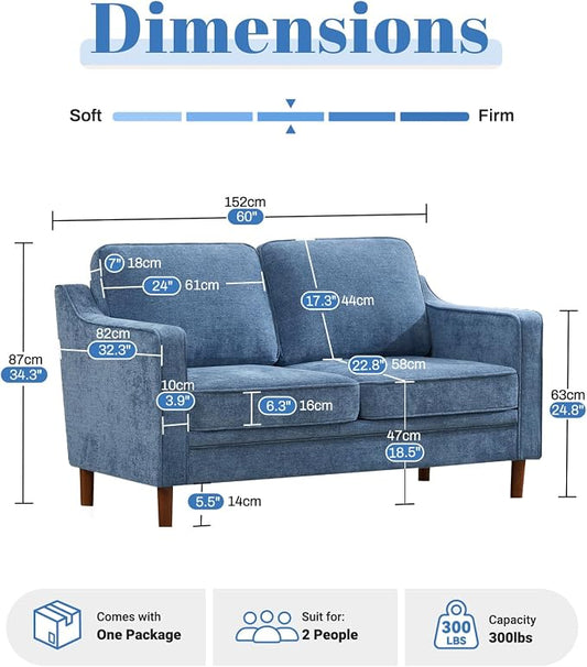 Kingfun 60" Chenille Sofa, Loveseat Couch, Mid Century Modern Love Seat Couches with Solid Wood Frame for Living Room Bedroom