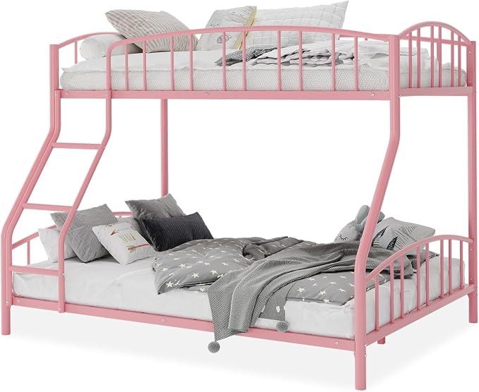 GarveeHome Metal Bunk Bed Twin Over Full, Heavy Duty Bunkbeds Frame with Arched Guardrail and Safety Ladder, Sturdy Steel Bed for Kids Boys Girls, Space-Saving, No Box Spring Needed, Pink