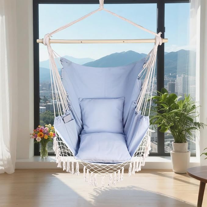 Hammock Chair Hanging Rope Swing Chair,Max 450 Lbs, Large Hanging Chair with Pocket, 2 Cushions, Steel Bar with Anti-Slip Rings, Hardware Kit Included, Comfortable for Indoor Outdoor (Blue)