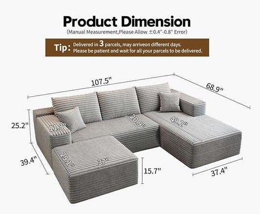 107.5" Cloud Modular Sectional Couch with 1 Ottoman,Modern Minimalist Upholstered Couches, Comfort U Shaped Sofa for Living Room,Deep Seat Corner Couch,No Assembly Required (Grey,Right Facing Chaise)