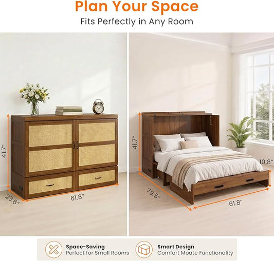 CECER Queen Murphy Bed with Mattress for Guest/Small Space-Black Walnut | Built-in Multi-Port Charging Station & Large Storage Drawer,Space Saving & Easy Assemble and Conversion