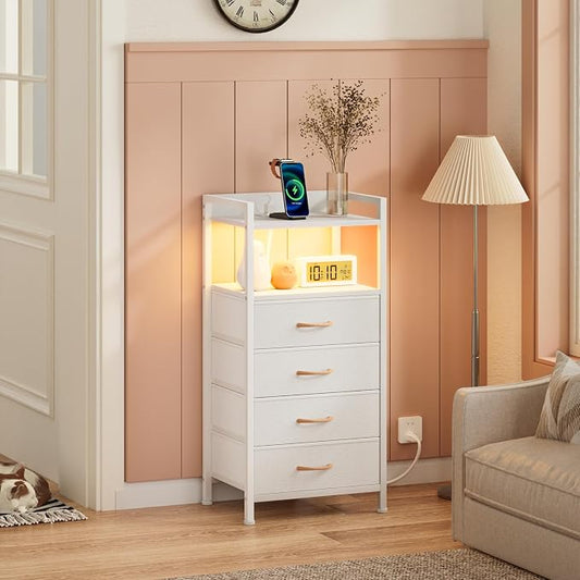 Furnulem White Nightstand with Charging Station, Night Stand Side Table with Led Light, Tall Dresser for Bedroom with 4 Fabric Storage Drawers, Metal Frame, Wood Shelf(White)