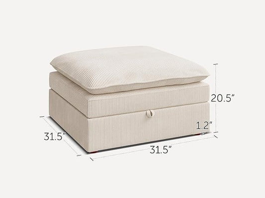 HONBAY Corduroy Ottoman, 31.5 Inch Square Ottoman Bench with Storage for Living Room, Beige