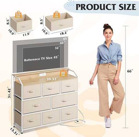 WLIVE Led Dresser for Bedroom, TV Stand for Bedroom with LED Lights and Power Outlet, Wide Chest of Drawers for Hallway, 8 Fabric Drawers for Living Room and Entryway, Cream White